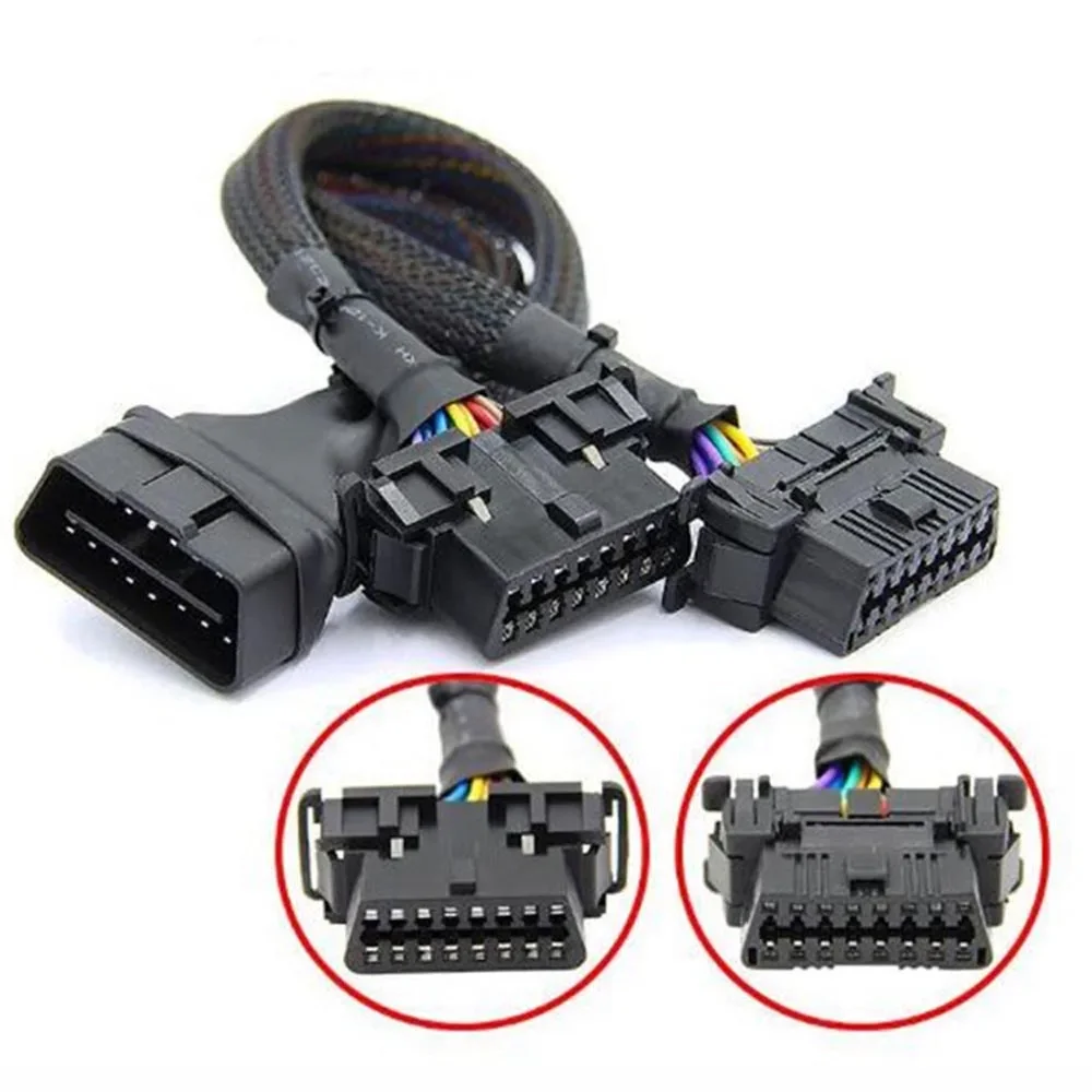 OBD2 Male to Dual Female Elbow Extension Cable with 16pins Available to Connected 1 IN 2 Converted OBD 2 Extender Adapter 30cm