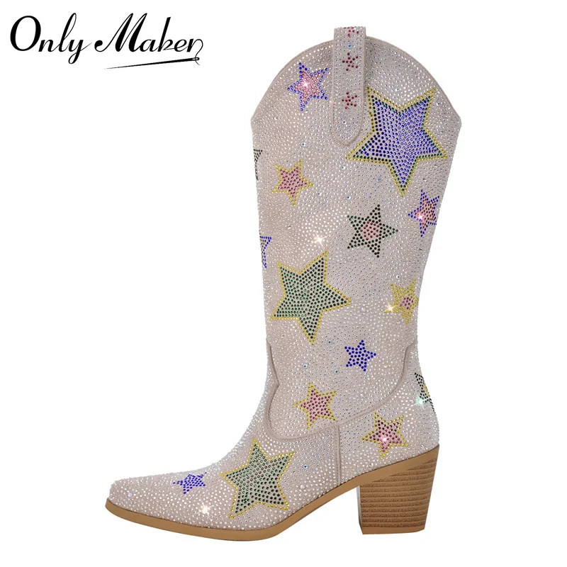 Onlymaker kobiety kryształ górski w połowie buty ze skórki cielęcej błyszczący błyszczący Western spiczasty bloczek pięty ściągane botki kowbojki