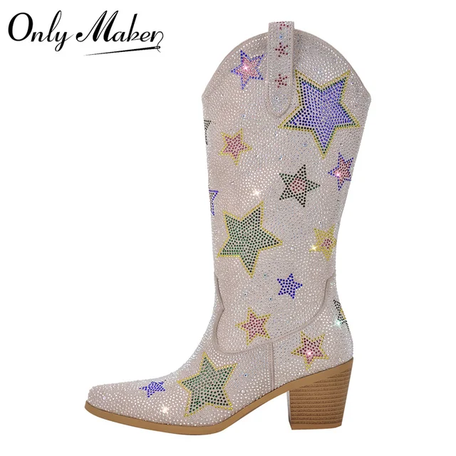 Onlymaker kobiety kryształ górski w połowie buty ze skórki cielęcej błyszczący błyszczący Western spiczasty bloczek pięty ściągane botki kowbojki