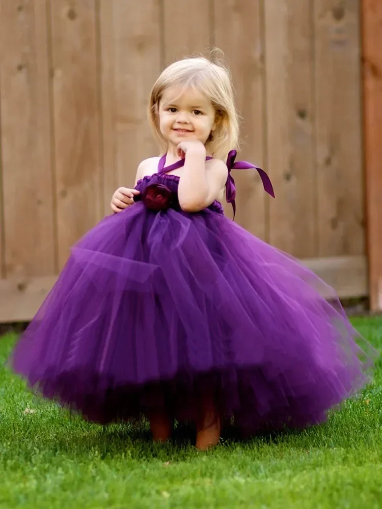 Little Girls Princess Flower Girl Dresses Halter Sleeveless First Communion Dress Purple White Tulle Toddlers Pageant Party Gown