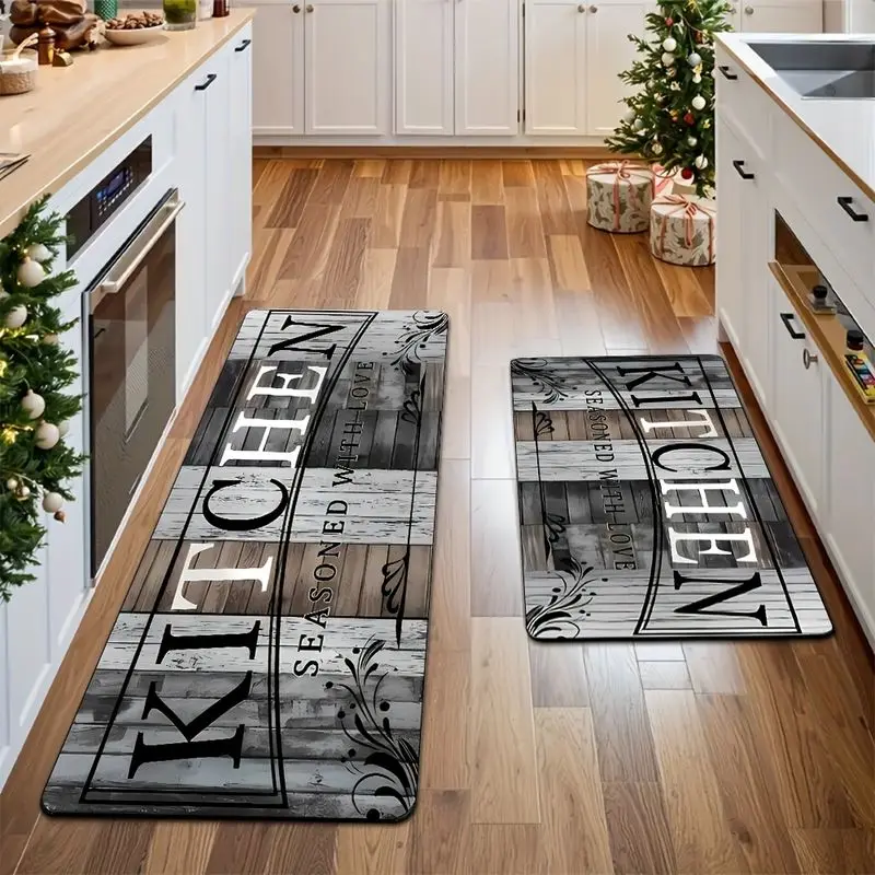 VIKAMA Vintage Wood Grain Kitchen Mat KITCHEN Love Slogan Non Slip Washable Rug for Hallway Laundry Room Entryway Home Decor