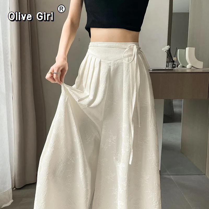 Damskie spodnie z szerokimi nogawkami 2026, luźne, satynowe, nowe, z wysokim stanem, wiosenno-letnie, sznurowane, jednolite, proste spodnie z wysokim stanem dla kobiet.