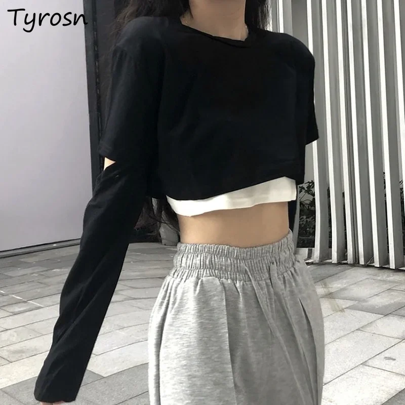 

Fake Two Pieces Long Sleeve T-shirts Women O-neck Black Streetwear Harajuku Sexy Crop Tops Mujer Design Patchwork Hole Tshirts