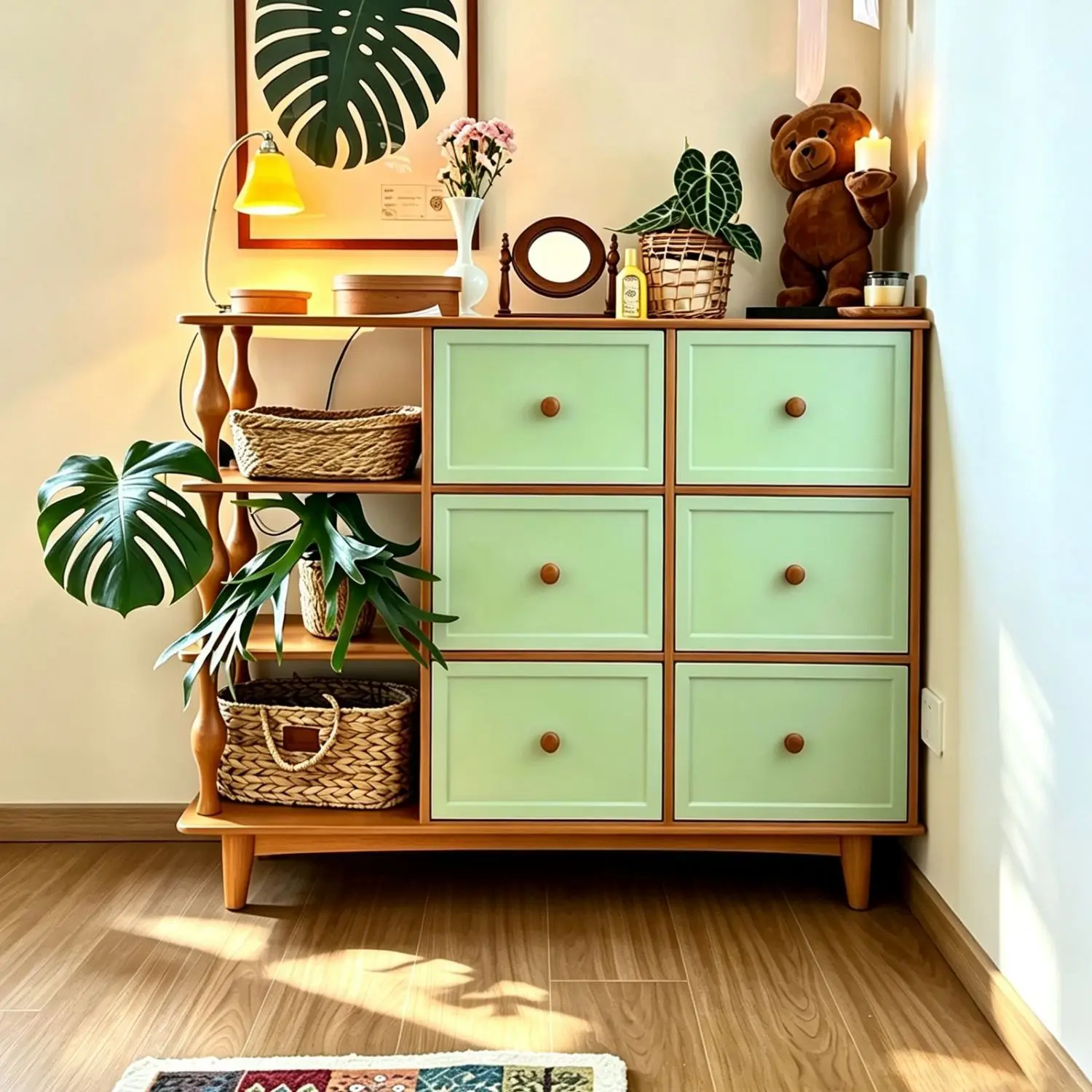 Clear mint green solid wood storage cabinet medium antique small apartment storage bedroom six chest cabinet floor balcony