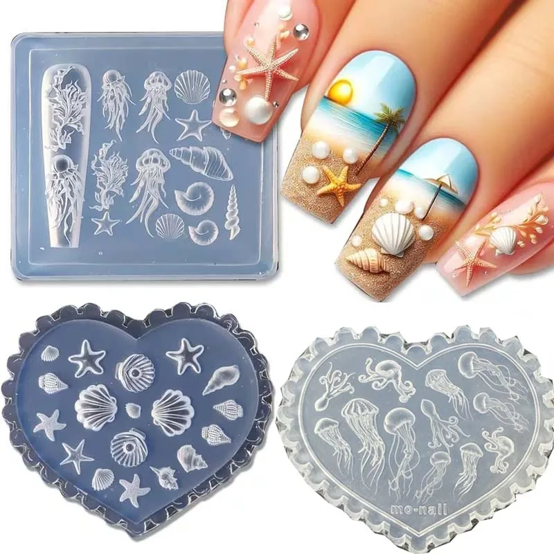3 Stück Muschel-Seestern-3D-Silikon-Nagelformen – Ocean Nail Art Schnitzformen mit Herz-, Seestern- und Korallenriff-Designs