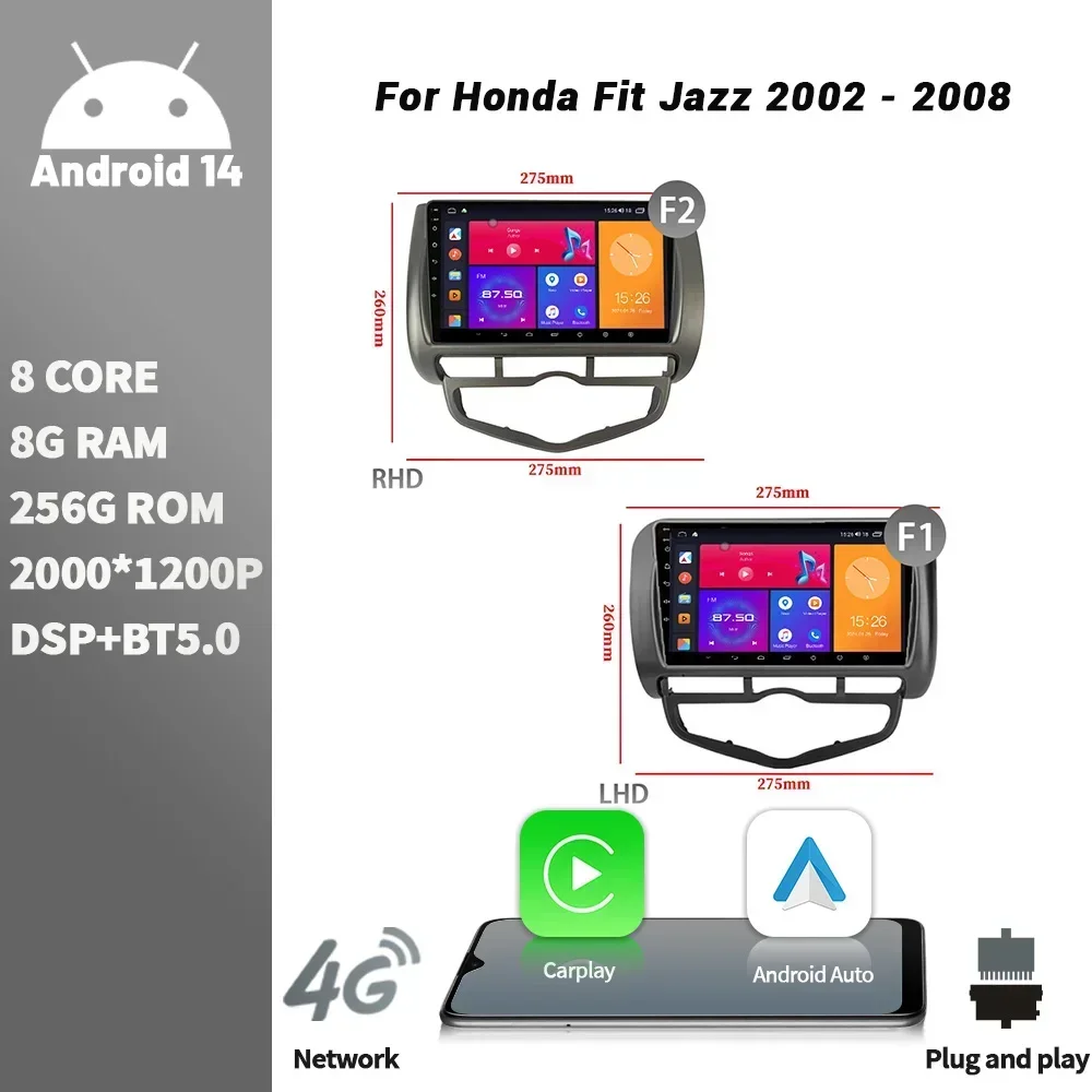 For Honda Fit Jazz 2002 - 2008 Car Radio Multimedia Player Android Bluetooth Wireless CarPlay Touch Screen Stereo