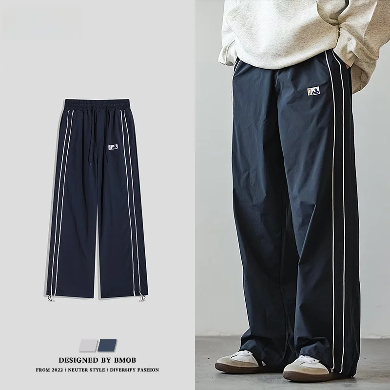 

BMOB Summer Casual Sports American Oversize Striped Long Pants Loose Thin Men Women Straight Leg Workwear Trousers