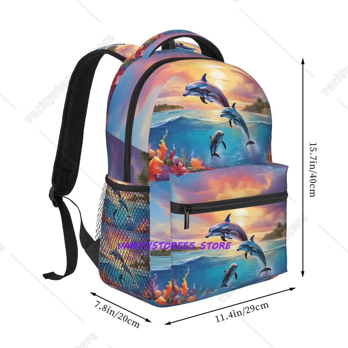 Sunset Rainbow Dolphin Backpack Hot Sale Daypack Large Capacity Boys Girls BookBag School Bag Shoulder Bags for Men Women