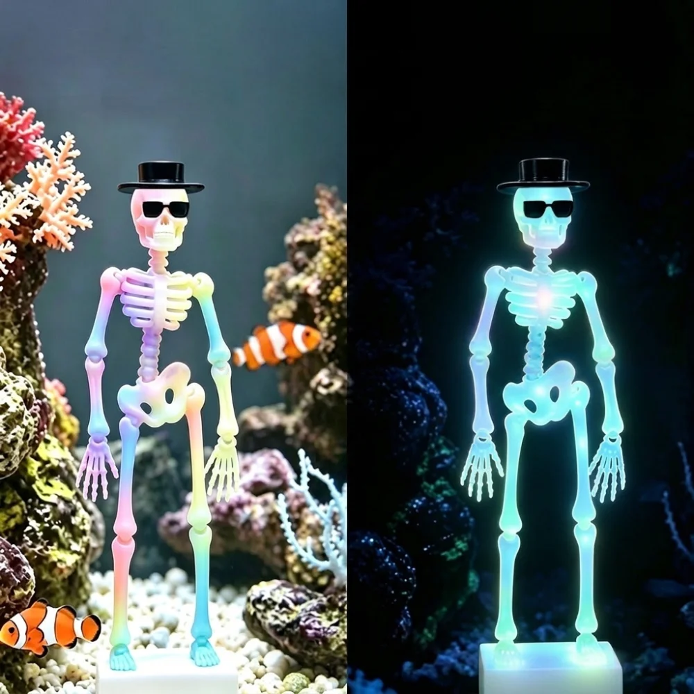 3D Printed Dancing Skeleton Aquarium Bubbler Wear Hat Sunglasses Air Driven Dynamic Skeleton Bubbler Gothic Plastic
