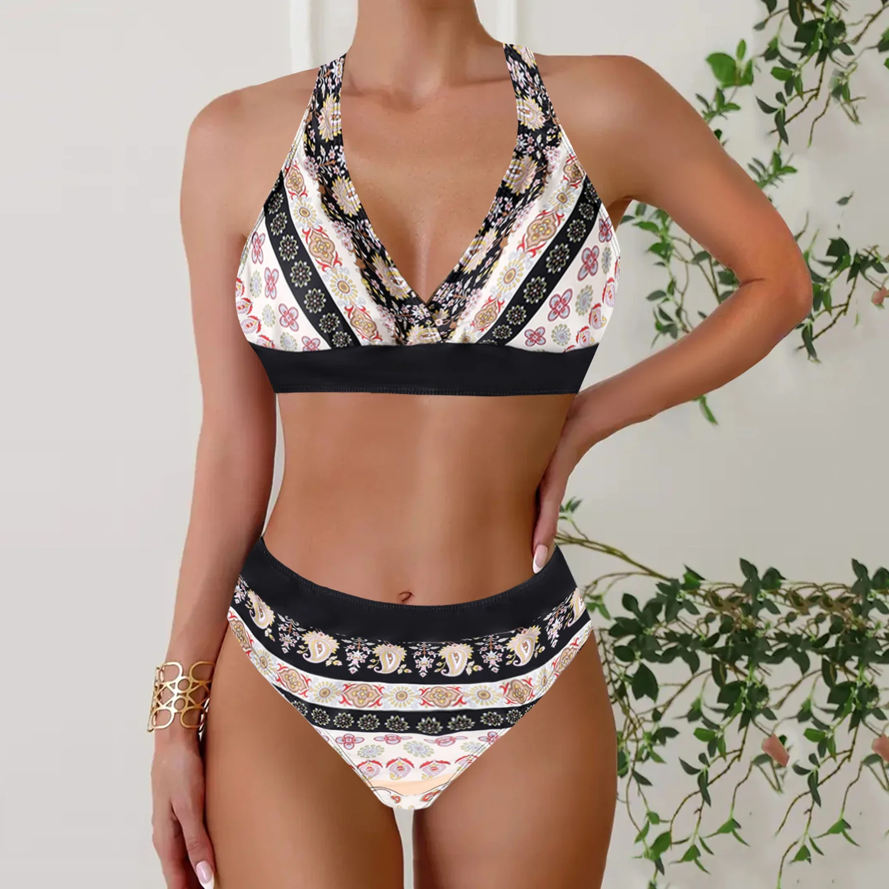 Conjunto tankini de duas peças com estampa tropical, trajes de banho de biquíni sexy de verão, trajes de banho femininos e roupas de praia