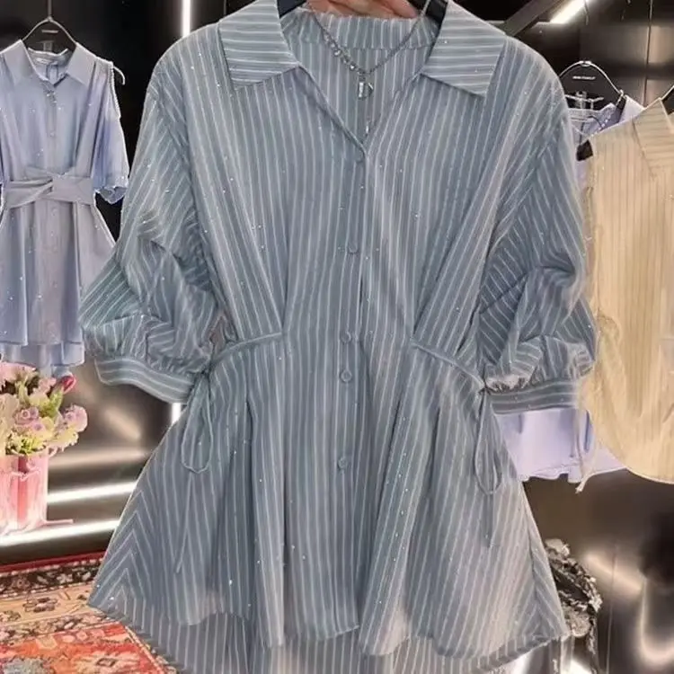 Camisa Casual a Rayas de Manga Corta para Mujer, Talla Grande, Cómoda, Transpirable, Corte Holgado, Moda para el Trabajo, Ver...
