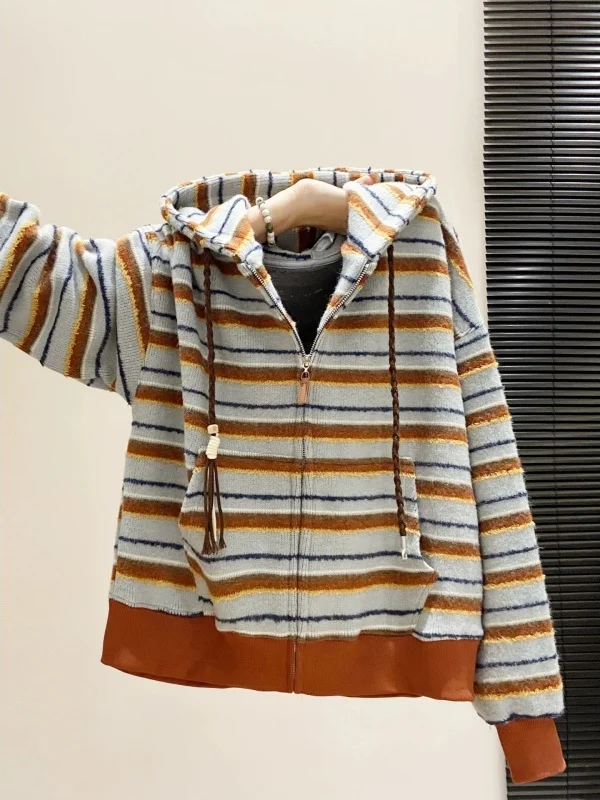 Retro  Striped Hooded Zipper Sweatshirt Women's Drawstring Loose Open Cardigan Coat Korean Style Casual Outerwear
