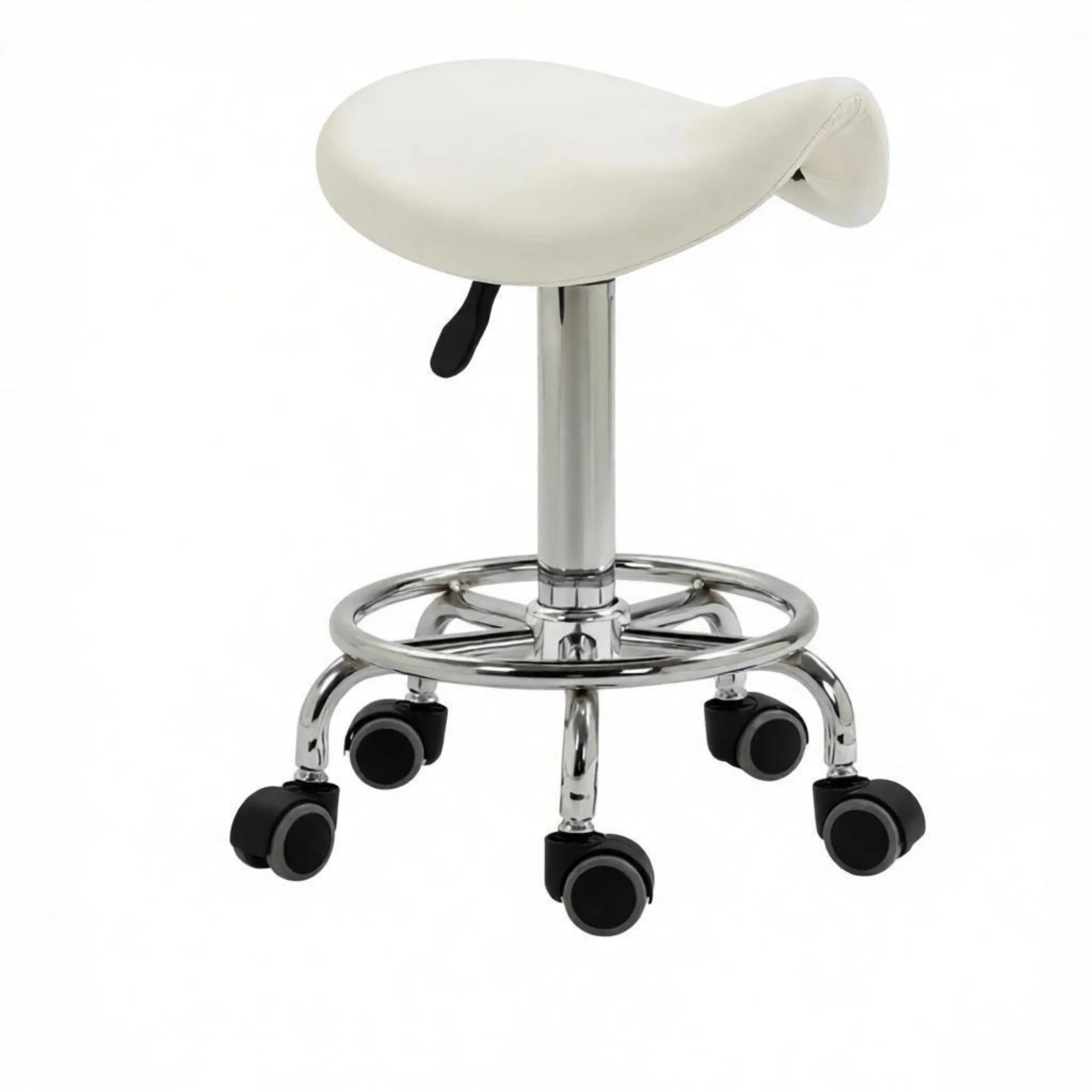 White PU Leather Saddle Rolling Stool – Adjustable Height with Wheels for Massage, Spa, Beauty Tattoo