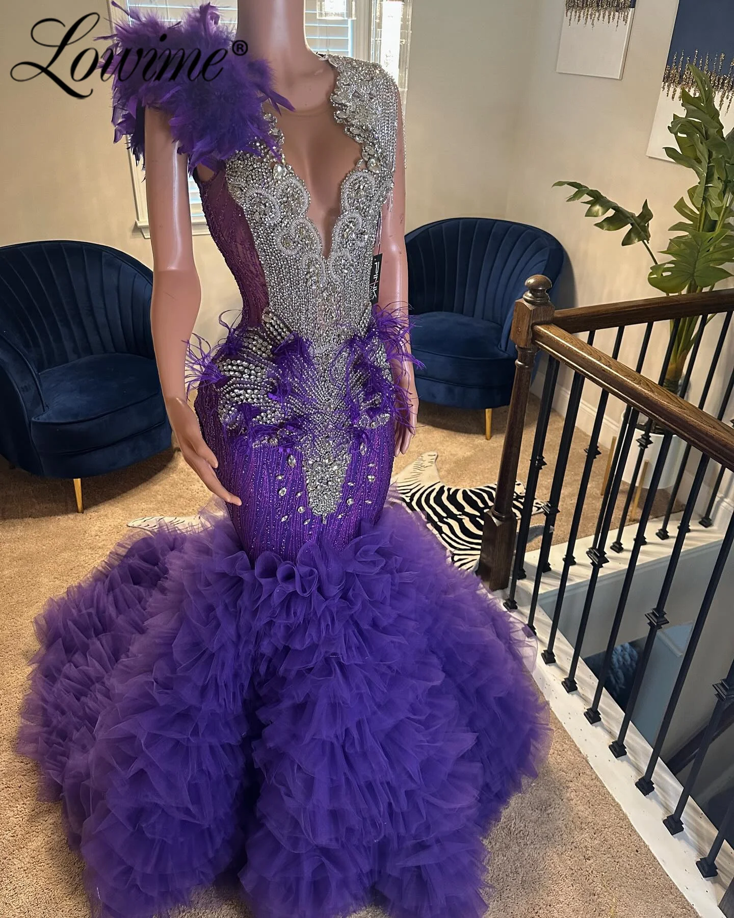 

Фиолетовое вечернее платье с перьями, индивидуальный дизайн, блестящие кристаллы, платье-русалка для выпускного, длинные оборки, бахрома, вечерние платья 2026 Robes