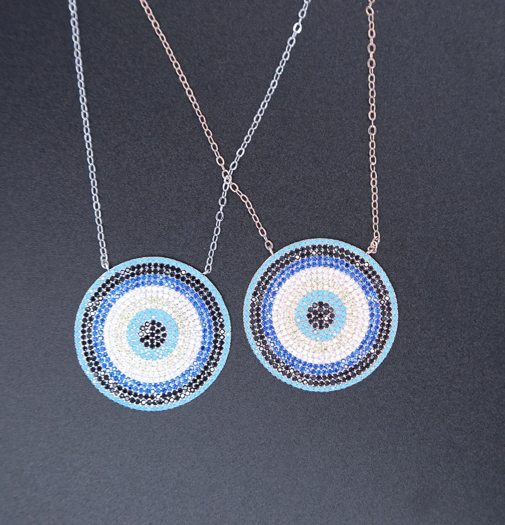 Round Shape fashion AAA Zircon micro pave black cz and blue zirconia pendant Necklaces Jewelry NEW disc necklace