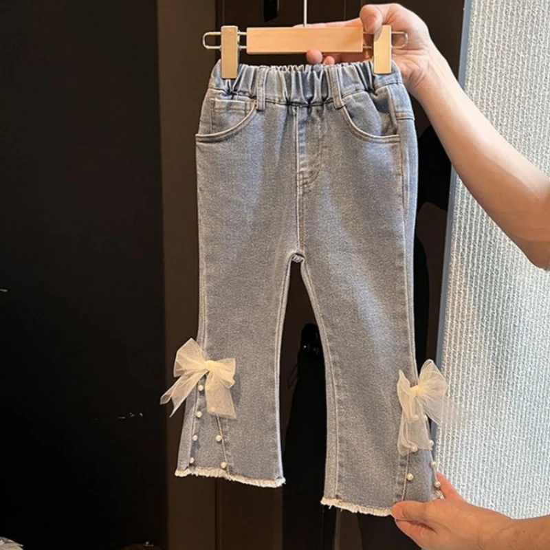 Girls Jeans Long Trousers Kids Pants Cotton 2024 Ribbon Spring Autumn Baby's Teenagers Sport High Quality Children's Clothing