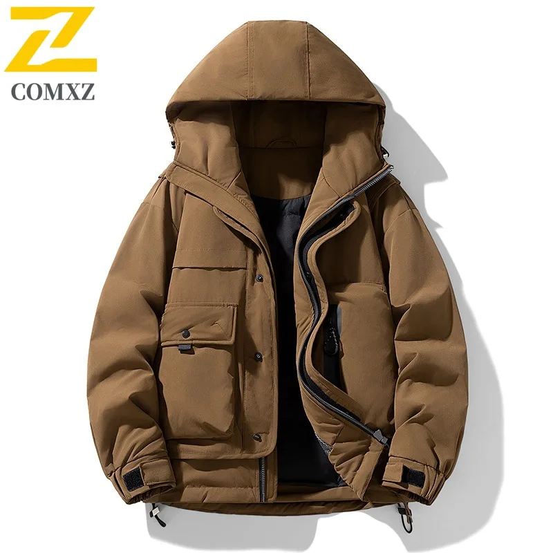

COMXZ Men Down Jacket Classic Hood Outdoor Adventure Multi Function Down Coat StreetStyle Windproof Cold Resistant Winter Coat