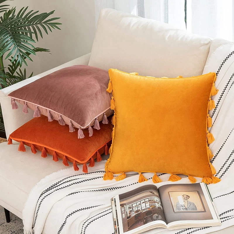 Roter Weihnachts-Kissenbezug mit Quaste, Boho-Akzent, luxuriöser Geschenk-Kissenbezug für Couch, Schlafzimmer, Auto, grüner klassischer Kissenbezug – Detail 4