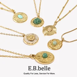 E.B.belle Natural Marble Sun Pattern Round Mini Turquoise Eye Retro Round Coin Rectangular Snake Chain Freshwater Pearl Necklace