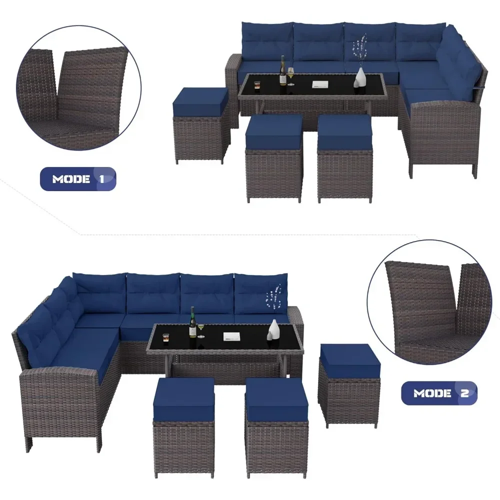 7 Piece Outdoor Patio Furniture All-Weather Wicker Rattan Sectional Conversation Set with 3 Loveseats 1 Dining Table