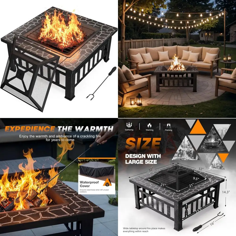 

32 inch metal outdoor fire pit table with waterproof cover for patio and camping (silver)