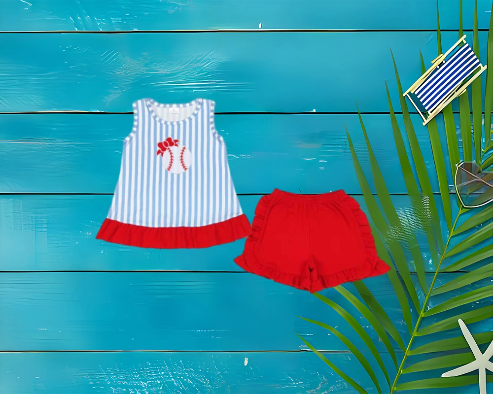 

GSSO1019 Blue Striped Baseball Stitched Bowtie Set with Red Shorts Sleeveless Outfit for kid