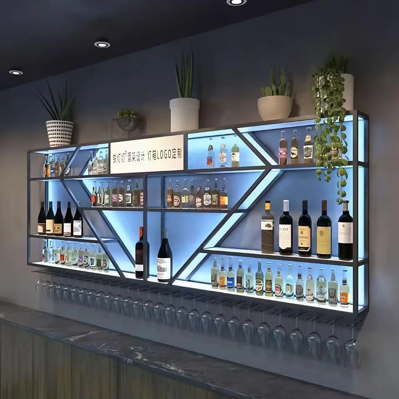 Wall hanging wine rack Wall luminous shelf Creative Baijiu cabinet Restaurant Red grape beer rack Iron bar Bar