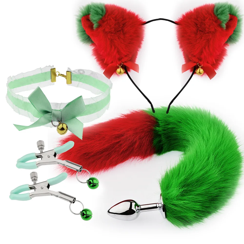 SM Stereo Ear Tail set Fun play role Play Back Court Tail Anal plug toy SM Red Green Christmas
