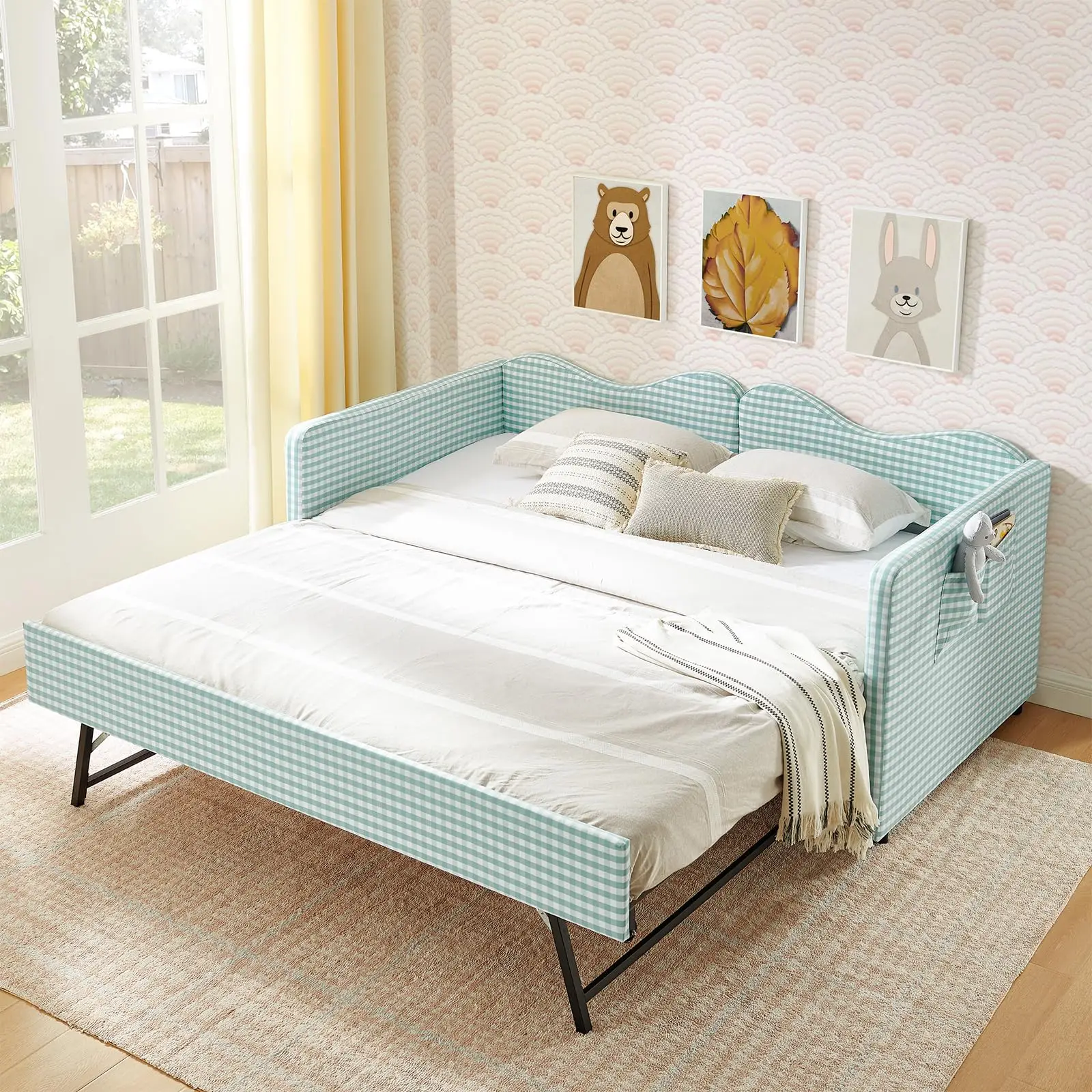Twin to King Gingham Cloud Back Daybed with Pop-Up Trundle, Upholstered Day Bed Sofa with Storage Pocket on One Arm