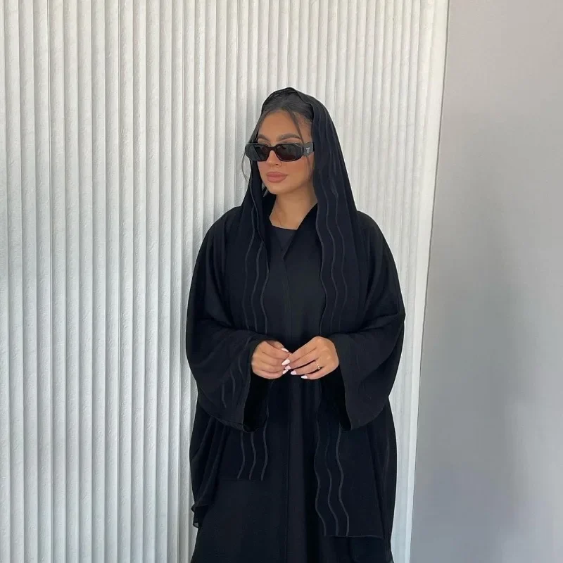 2025 New Abaya Under Dress Kaftan Solid Ramadan Muslim Sets Exquisite Embroidery Embroidery Coat with Headband Islamic Clothing