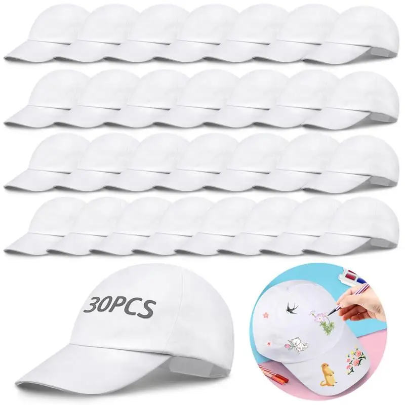 30Pcs/Set DIY Czapki z daszkiem dla dzieci Unisex Pusta czapka z daszkiem Białe czapki z daszkiem z regulowanym paskiem dla kobiet i mężczyzn