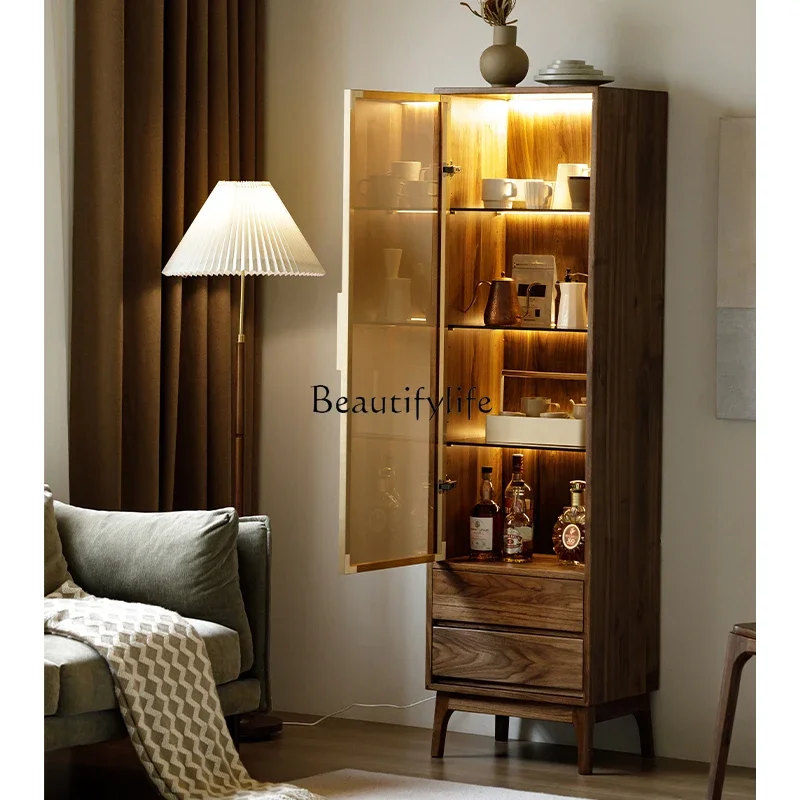 

LNorth American black walnut solid wood storage locker modern light luxury glass wine cabinet