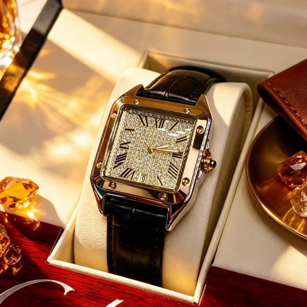 New Model Square Men's Quartz Watch with Diamond Inlay, Roman Numerals, Waterproof, Calendar Display, Light Luxury Business Casual Versatile Trendy Men's Watch, Suitable for Gift-Giving