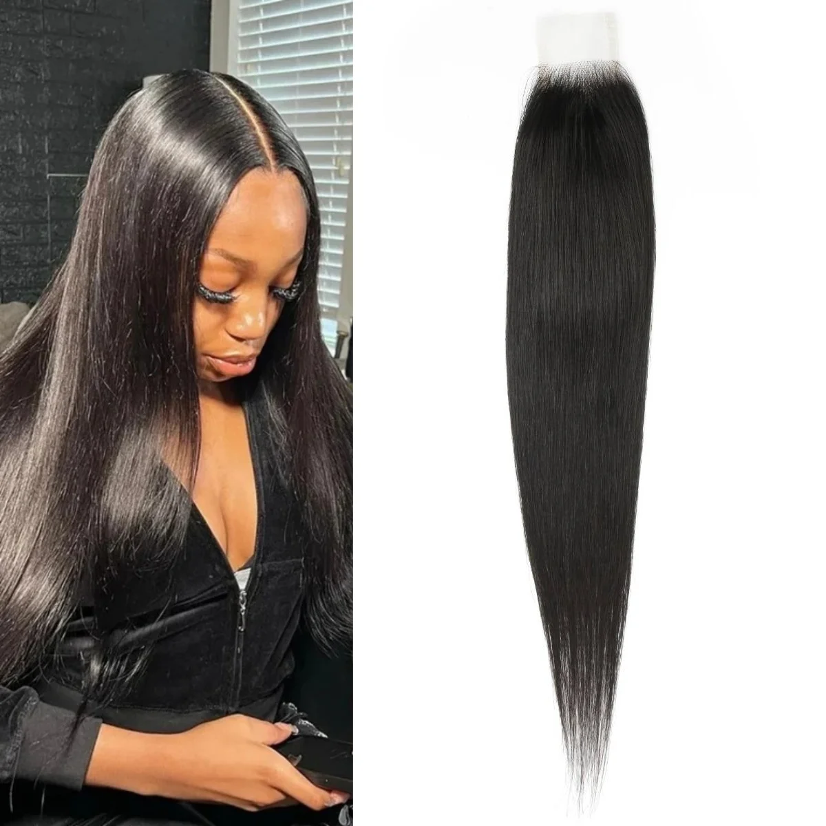 

Прозрачная прямая кружевная застежка из натуральных волос 2x6, имитирующая кожу, с центральным пробором, в стиле Ким К, натуральный черный цвет