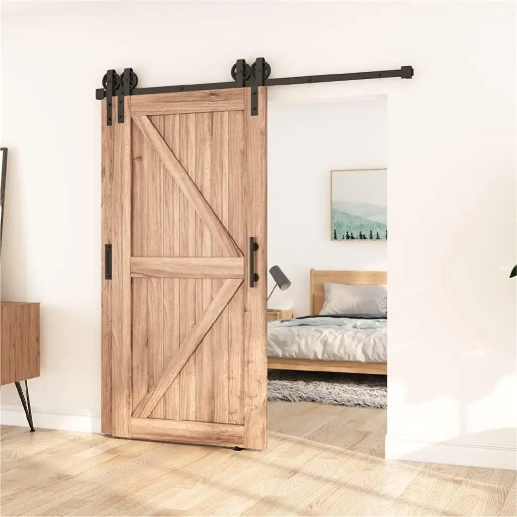 4-16Ft Antique Style Bypass Sliding Wood Barn Door Hardware Kit Black Top Mounted Closet Slides Tracks Rollers For Double Door