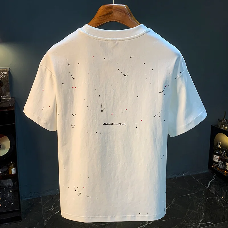 2025 Summer Trendy Inkjet Printed T-shirt Short Sleeve Men's Thin Round Neck Large Size Breathable Embroidered White Top