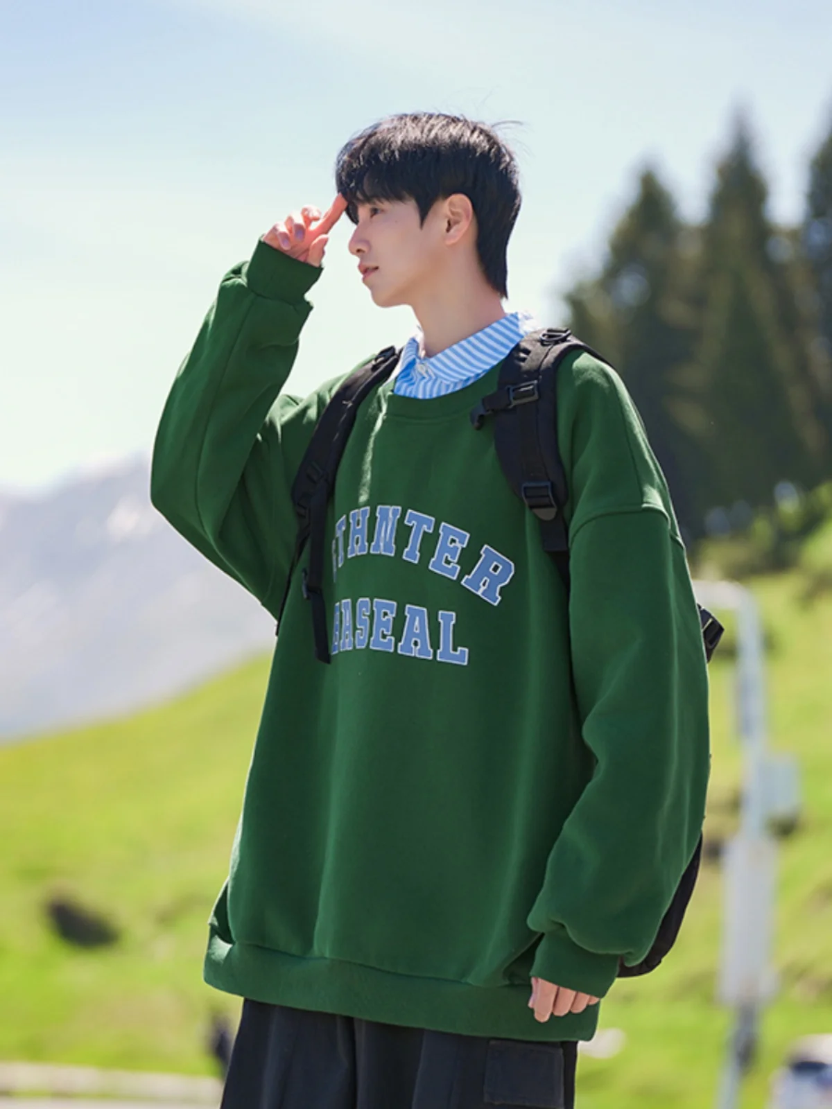

Men's Oversize Hoodie Spring Autumn irt Collar Fake Two-Piece Casual Loose Fit round Ne Pullover Polyester Fabric