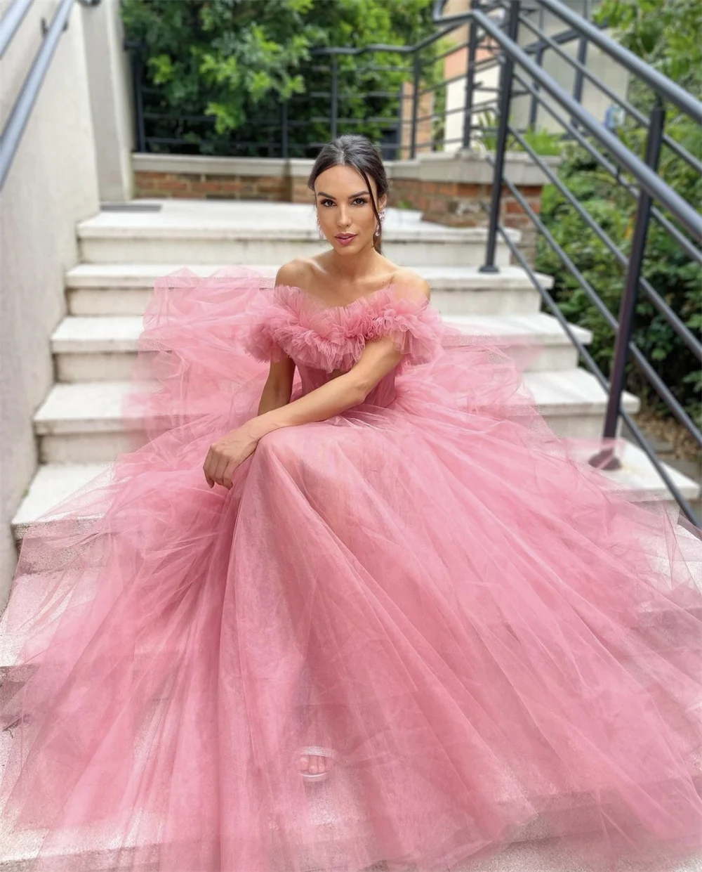 Annie Sweet Pink Prom Dresses Tulle Curled Edge Evening Dress فساتين السهرة Fairy A-shaped Elegant Lady Wedding Party Dress