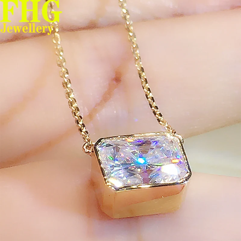 18K Yellow Gold Women with Chain+Pendants Necklaces  Moissanite Diamond  1 2 3 4 5 Carat Radiant Wedding Anniversary Engagement