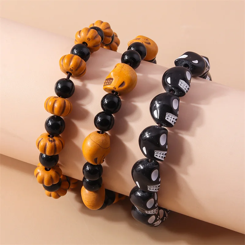 Aihua Punk Halloween Skull Pumpkin Bracelets for Women Men Hip Hop Beaded Bracelets & Bangles Halloween Jewelry Gifts