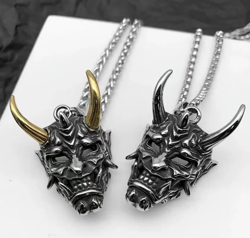 Retro Gothic Punk Necklace Prajna Ghost Demon Fang Evil Mask Men Monster Anger Hannya Ox Horn Skull Rock Pendant Jewelry Gift