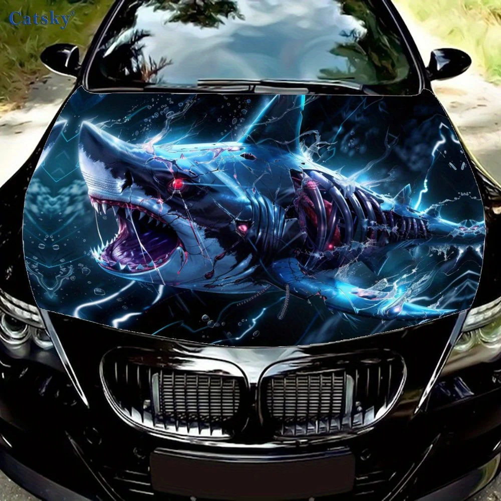 

Electric Glow Mechanical Shark Shadow Car Vinyl Wrap, PVC Waterproof Car Hood Sticker, Self-Adhesive Scratch-Resistant Stickers