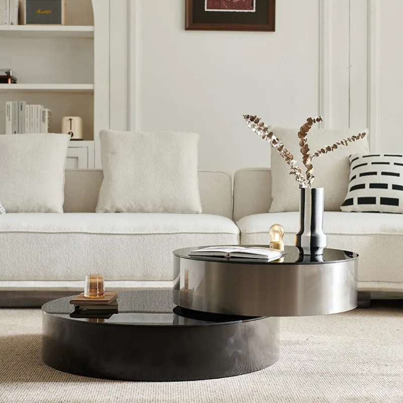 مجموعة طاولة قهوة مستديرة بحجم زجاجي من الفولاذ المقاوم للصدأ تلسكوبي دوار ومبتكر وبسيط باللون الأسود الفاخر #5