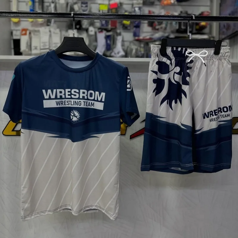 

2026 New Y2K Blue and White Color Block Fighting Suit Set, Unisex, Quick-Drying, Anti-Abrasion Shirt and Shorts, Training Suit