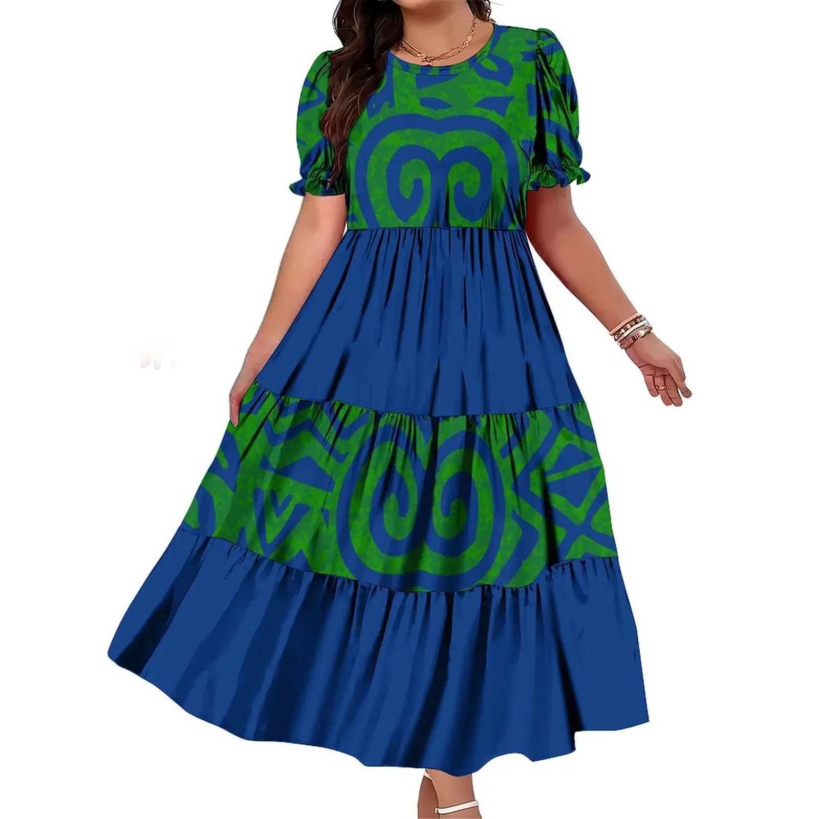 

Оптовая продажа с фабрики, индивидуальное платье Pacific Island Art Design, женское длинное платье с круглым вырезом, многоуровневое платье с пышными рукавами, женская одежда