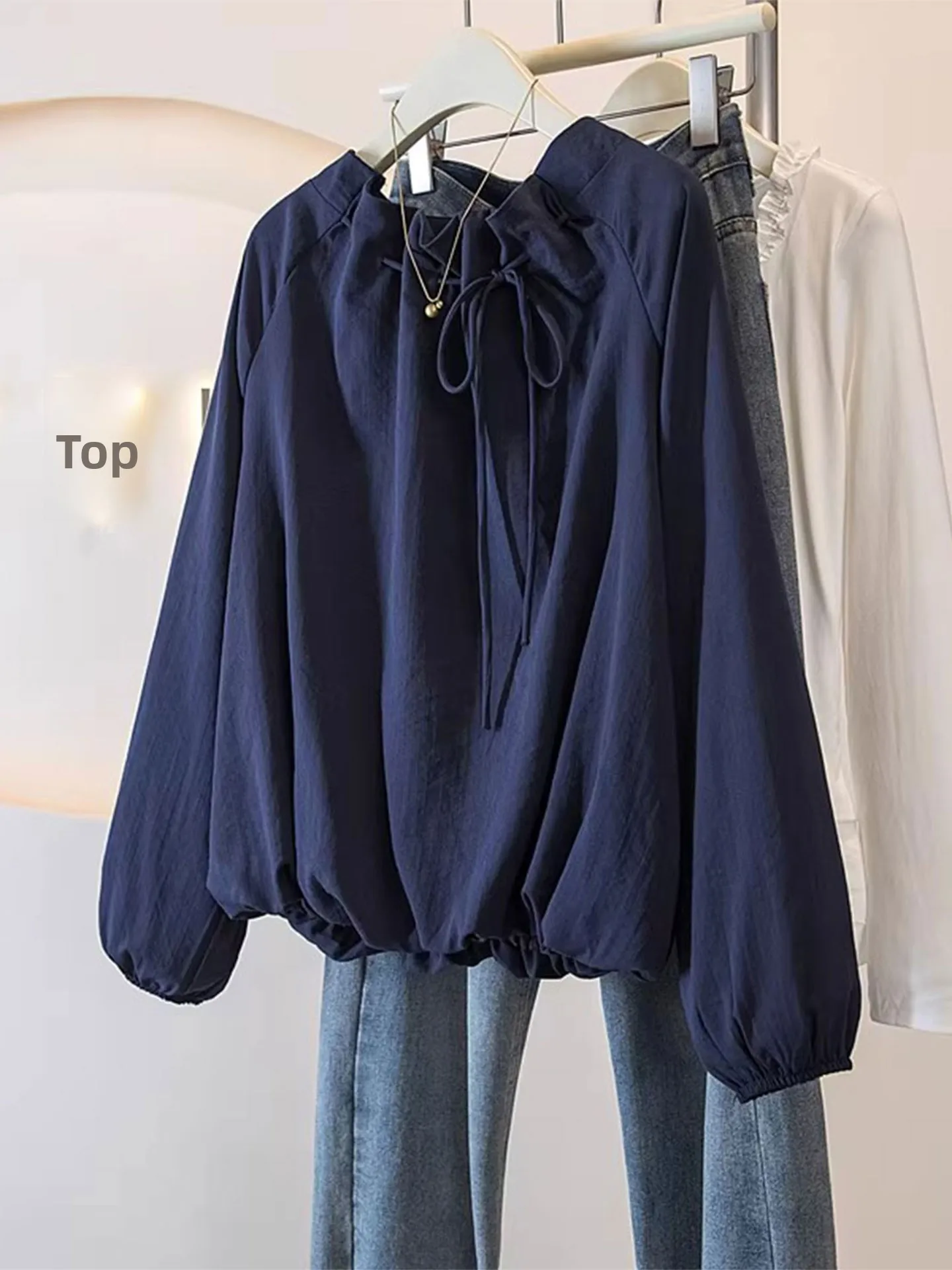 

Повседневный топ с длинным рукавом и завязками для женщин больших размеров, свободный, скрывающий живот, красивый, весна 2026, модный повседневный стиль