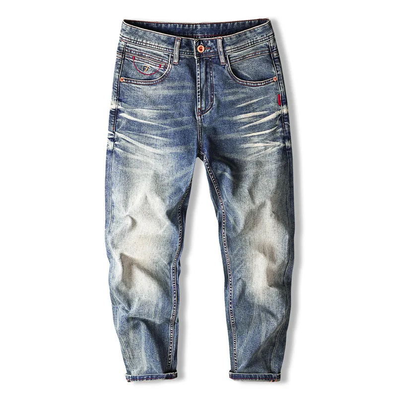 트렌디한 브랜드 고급 남성 데님 팬츠, 견고하고 멋스럽고, 향수와 트렌디함, 다재다능하고 슬림핏, 작은 다리 바지