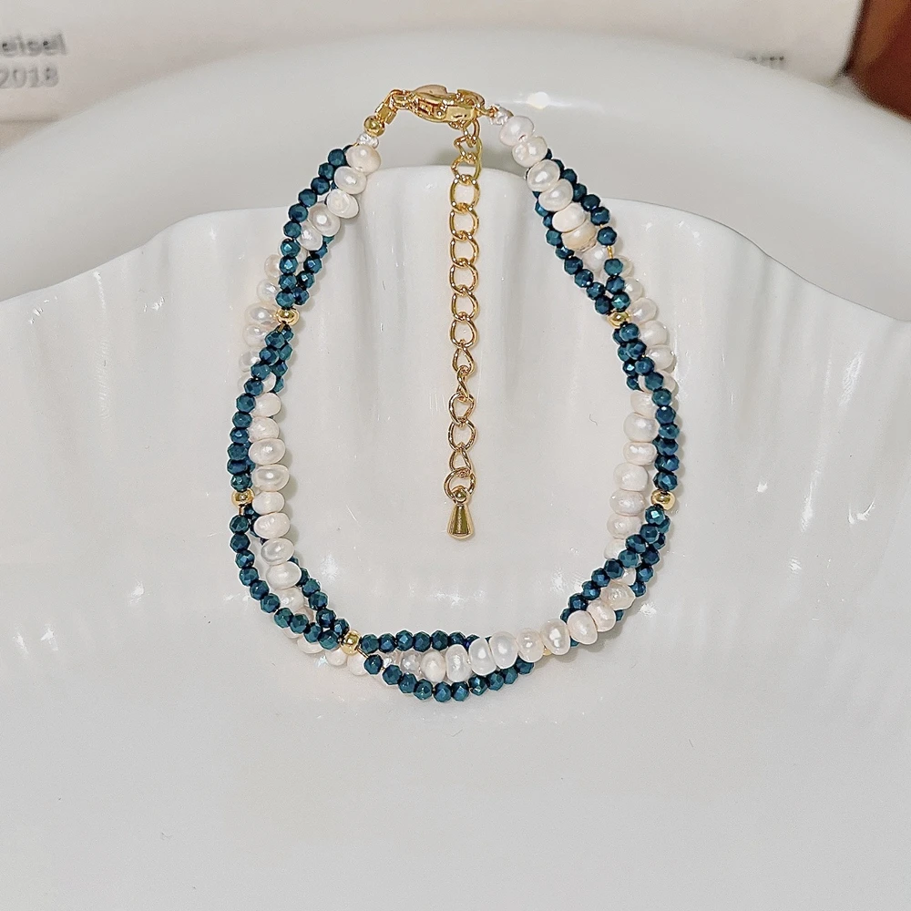 

Vintage Deep Blue Crystal & Mini Freshwater Pearls Double Strand Beaded Bracelet for Women Elegant Dainty Handmade Jewelry 1617