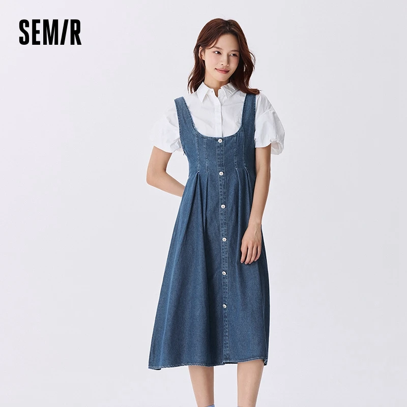 Semir Denim Dress Women U-Neck Slimming Retro Style Wszechstronna letnia słona modna talia rozkloszowana sukienka na ramiączkach