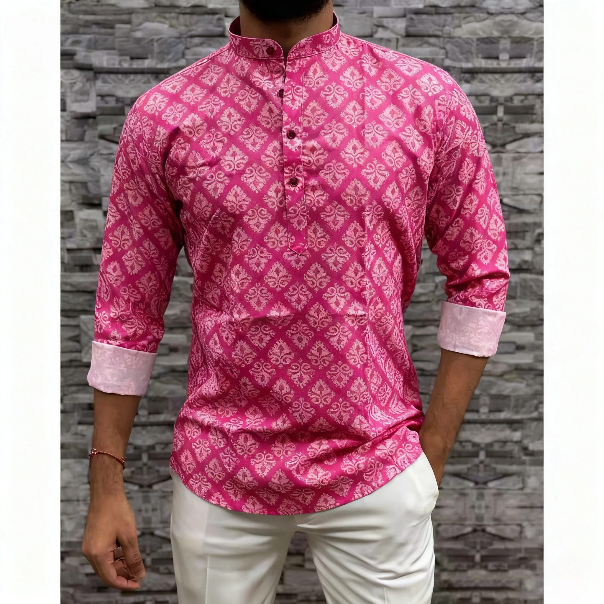 قميص رجالي مسلم بسيط قميص غير رسمي نمط الطباعة العرقية قميص طويل الأكمام الوقوف طوق البرق رقيقة الملابس الإسلامية رجل